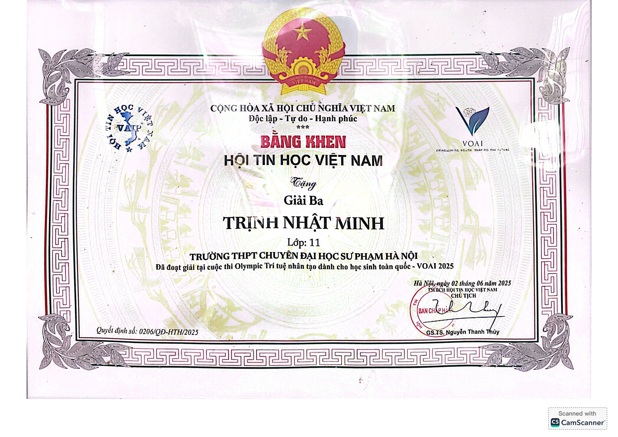 Trịnh Nhật Minh - Bằng khen Olympic Trí tuệ Nhân tạo Toàn quốc (VOAI 2025)
